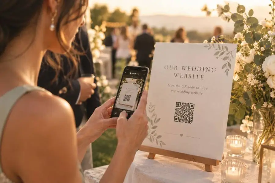A wedding guest scanning the QR code on a wedding website sign